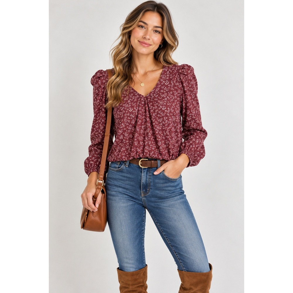 Good Luck Gem Juniors L Burgundy Ditsy Floral Puff Sleeve Cropped Blouse